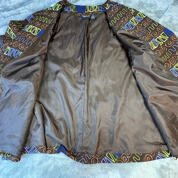 Maggie Barnes Blazer Women 2X Brown with Blue And Green Squiggles Open Front - Picture 4 of 13